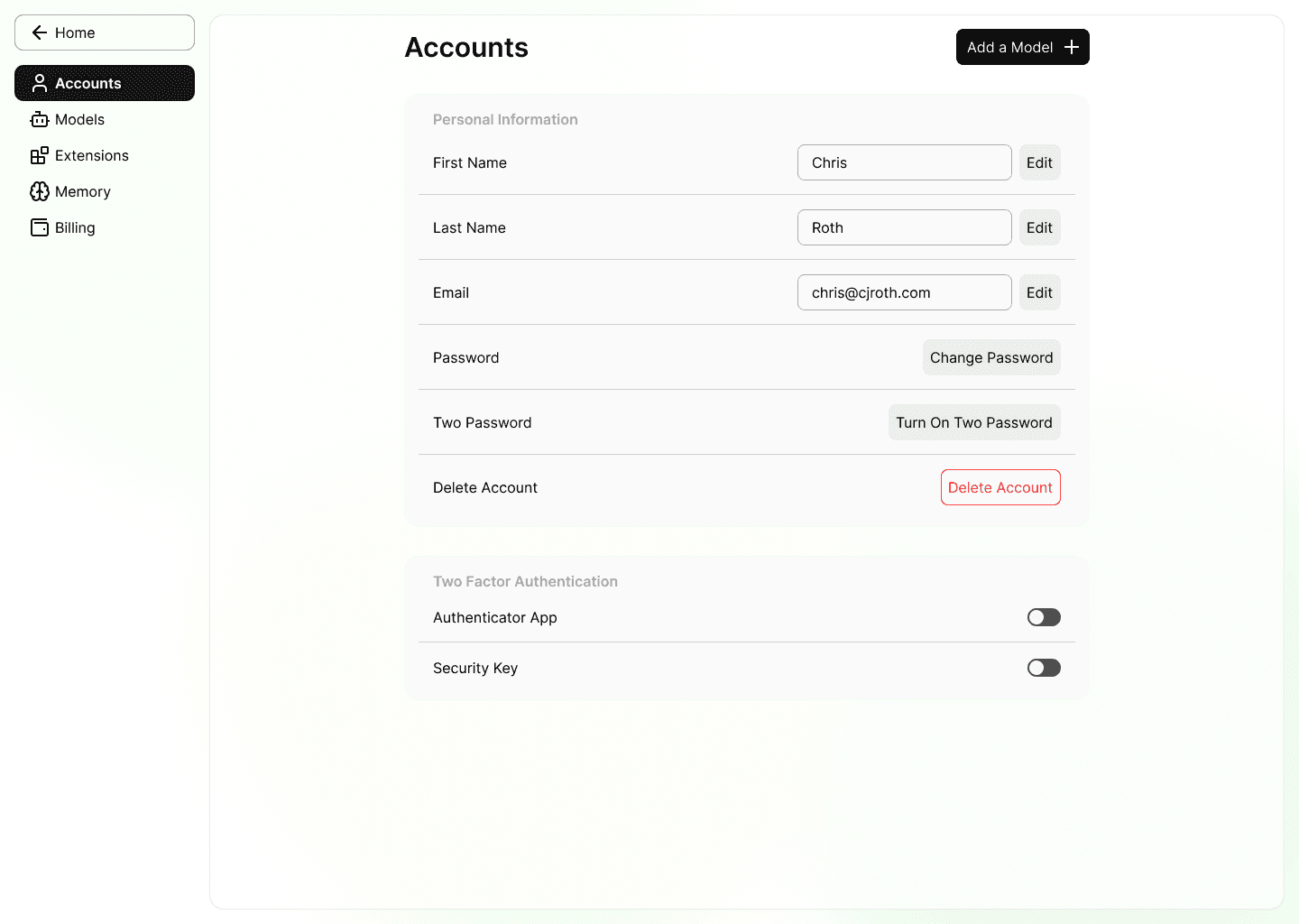 Account deletion screen