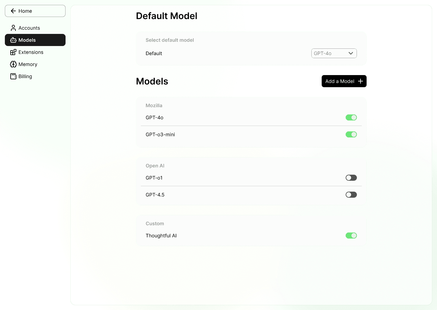 Model selection screen