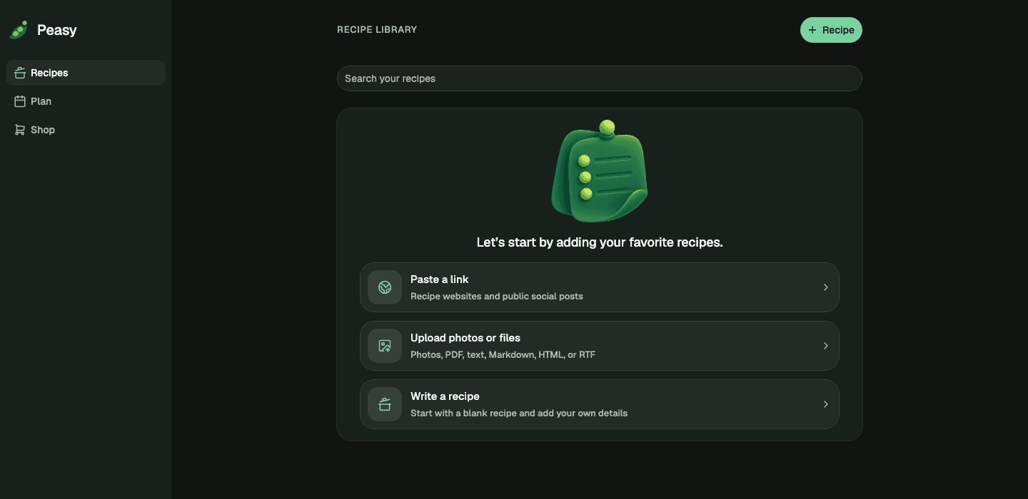 Peasy web recipe library with link, photo, file, and manual recipe entry points