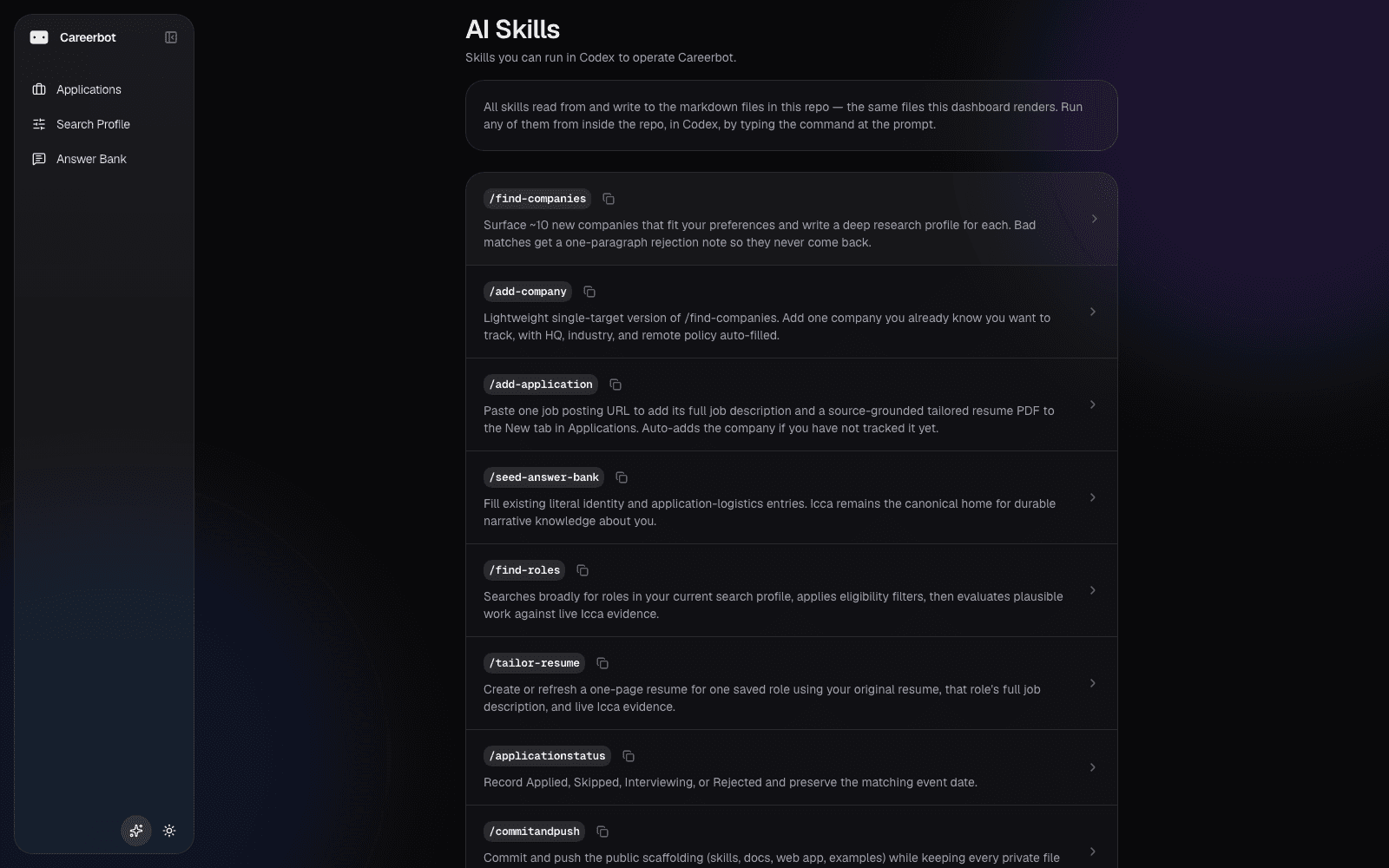 Careerbot AI Skills page listing the available agent workflows