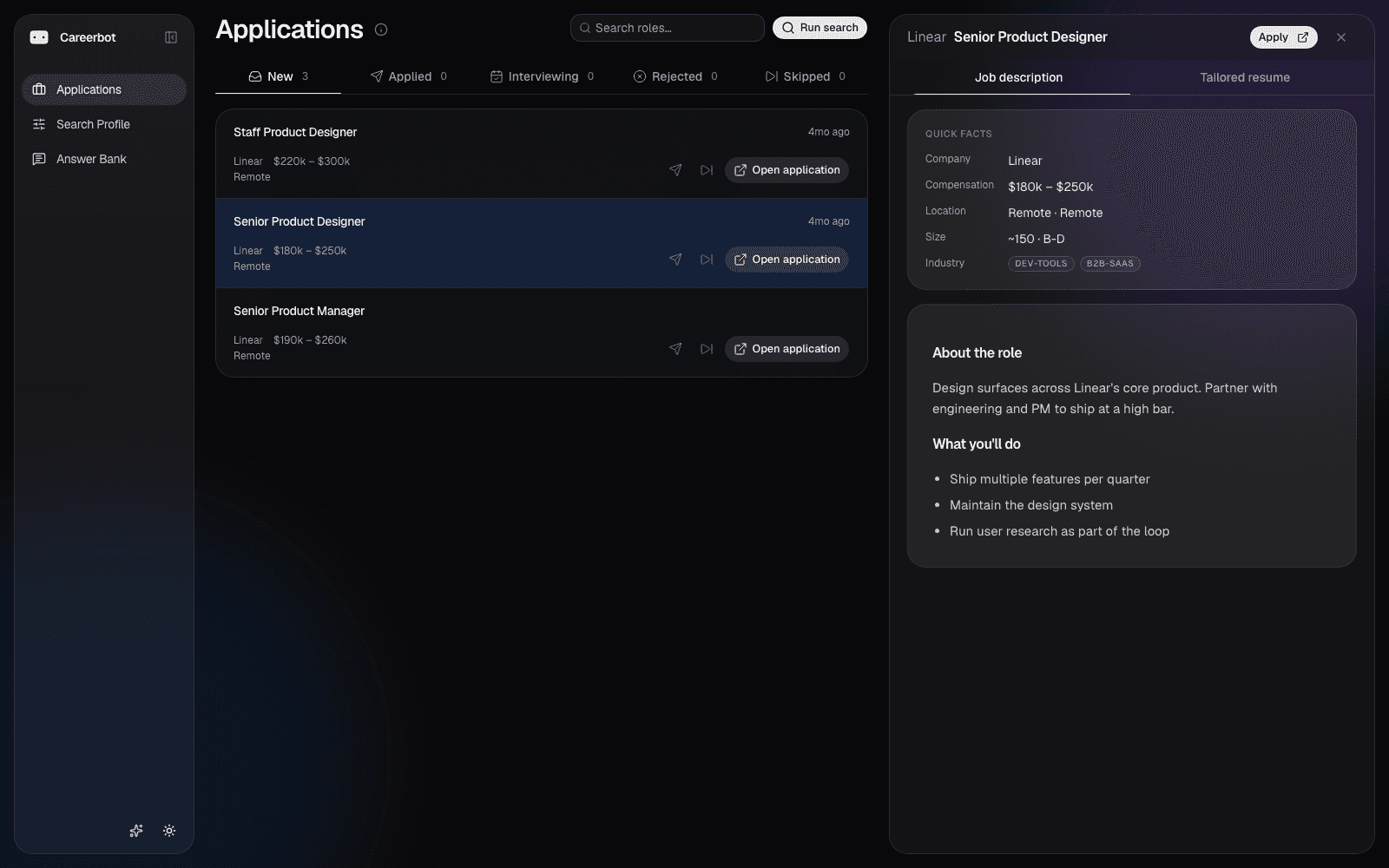 Careerbot dashboard showing an application pipeline and a detailed role panel
