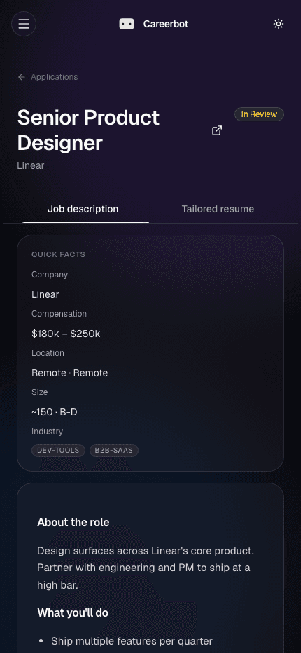 Careerbot mobile role detail sliding over the application pipeline
