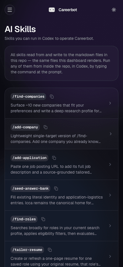 Careerbot mobile AI Skills list