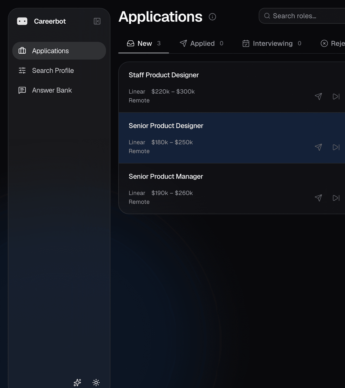 Careerbot application list with status controls