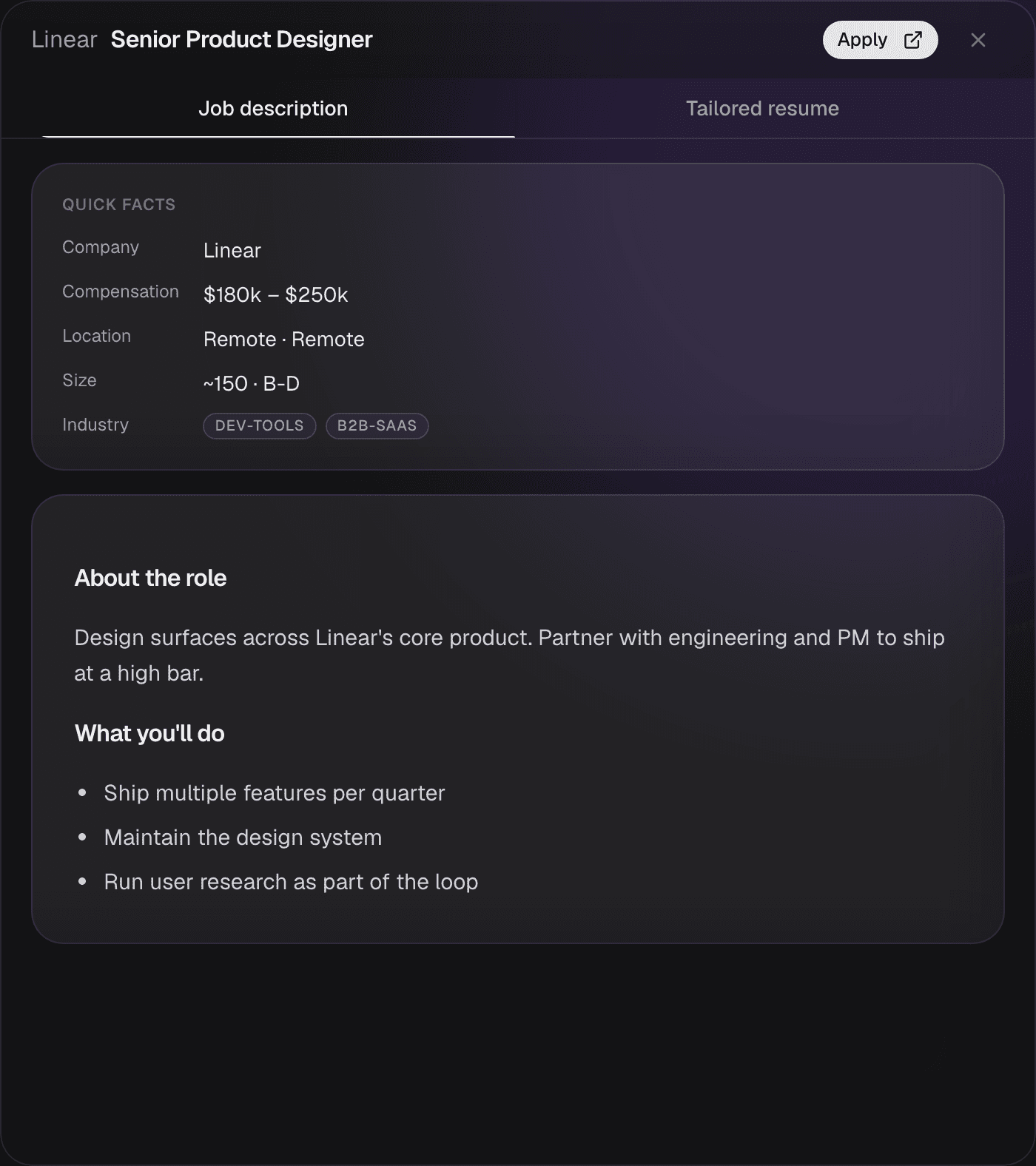 Careerbot role detail with quick facts and the full job description