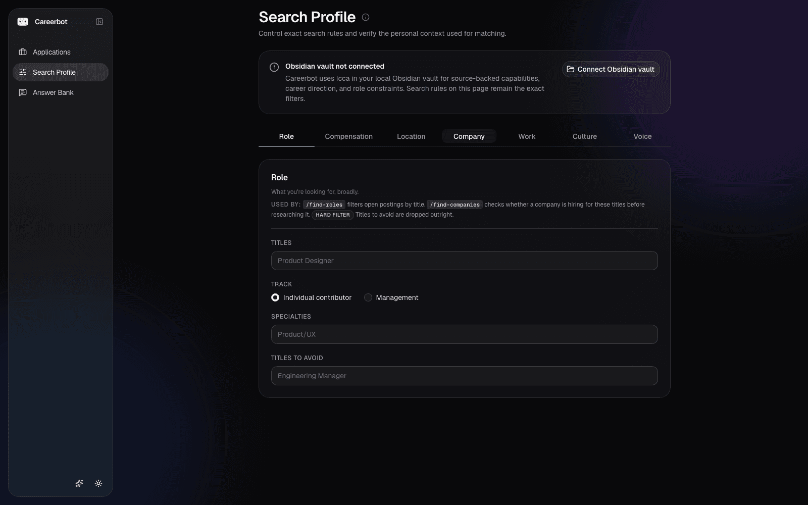 Careerbot Search Profile with role filters and vault connection status