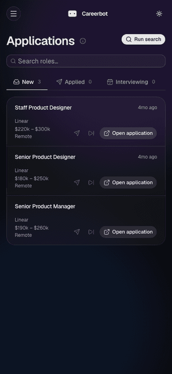 Animated Careerbot mobile tour sliding between applications, role detail, search profile, and AI skills