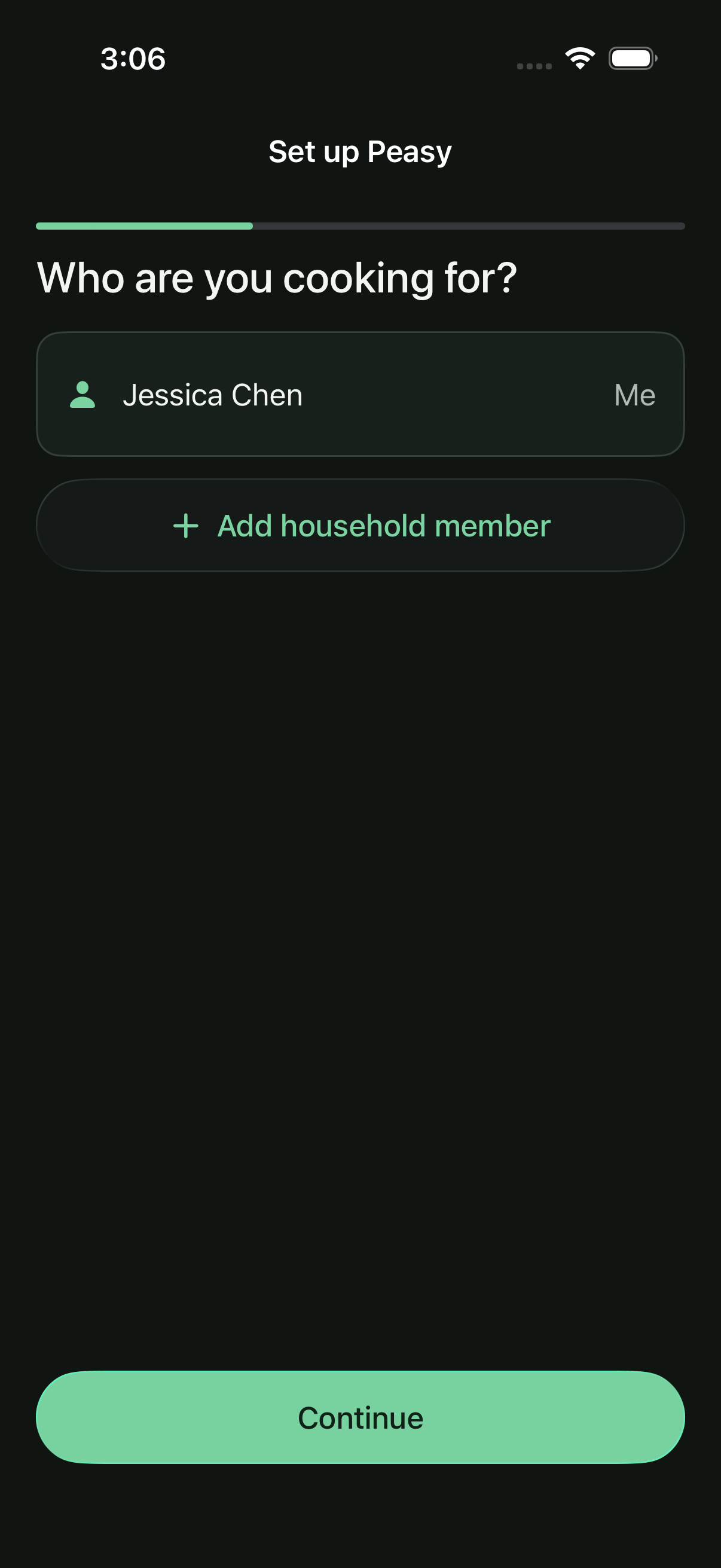 Peasy iOS onboarding screen for household members