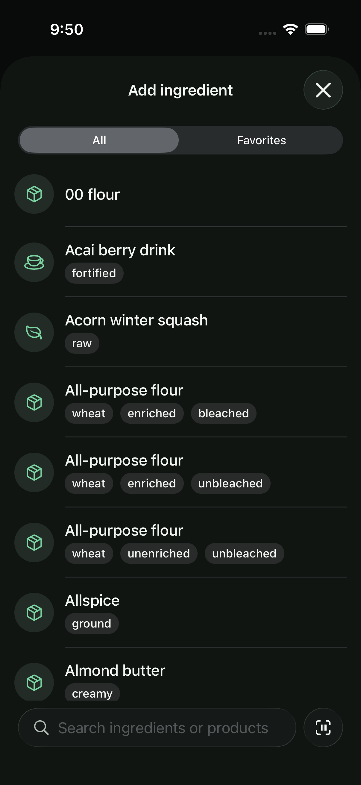 Peasy iOS grocery ingredient browser with food choices and search
