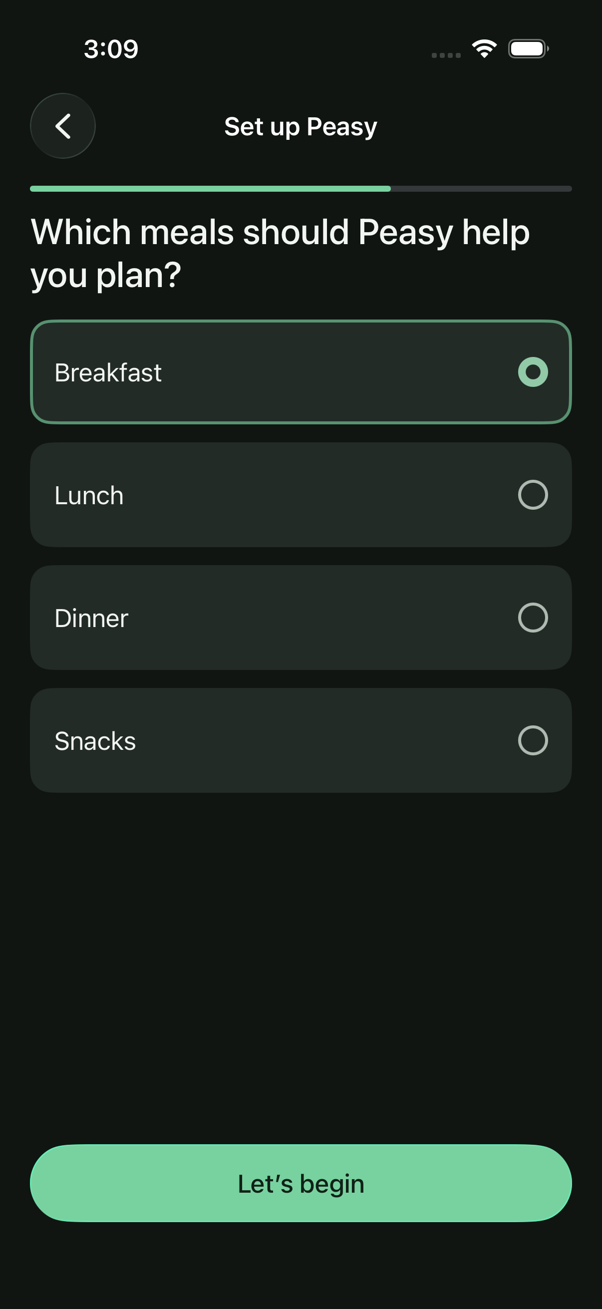 Peasy iOS onboarding screen for choosing meal types