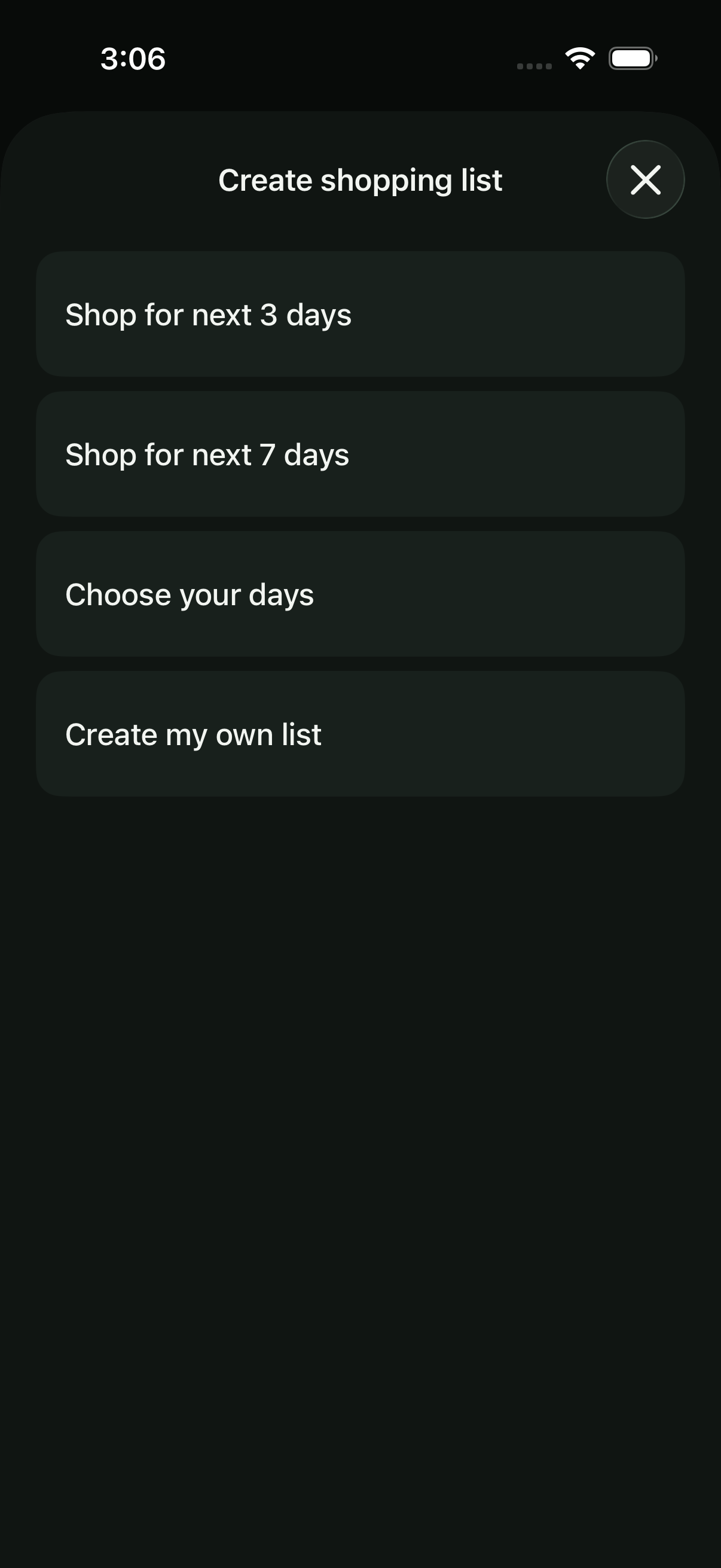 Peasy iOS screen for choosing which days to include in a shopping list