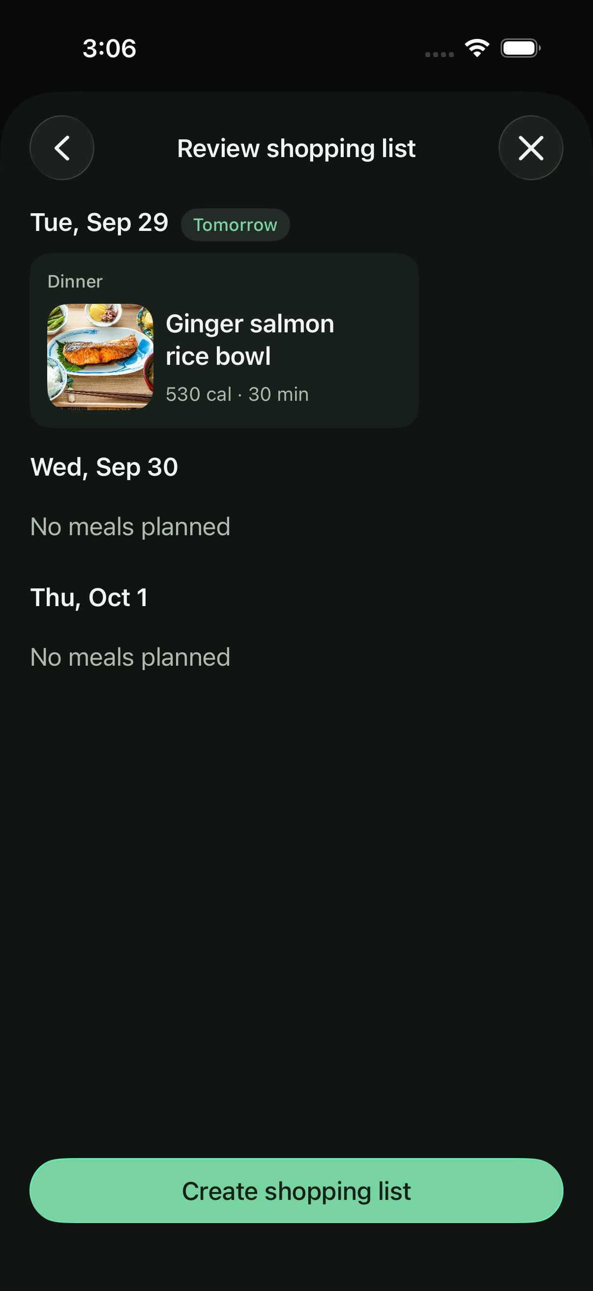 Peasy iOS screen reviewing meals before creating a shopping list