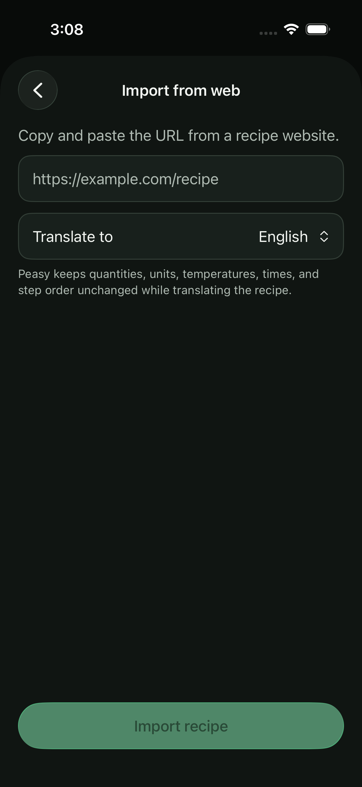 Peasy iOS web recipe import screen with source link and language controls
