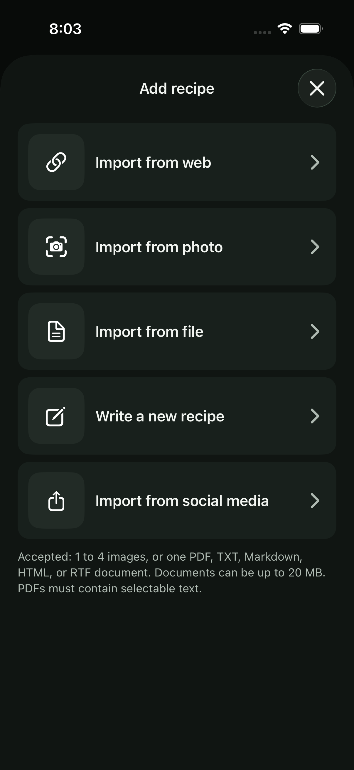 Peasy iOS Add Recipe screen with web, photo, file, manual, and social import options