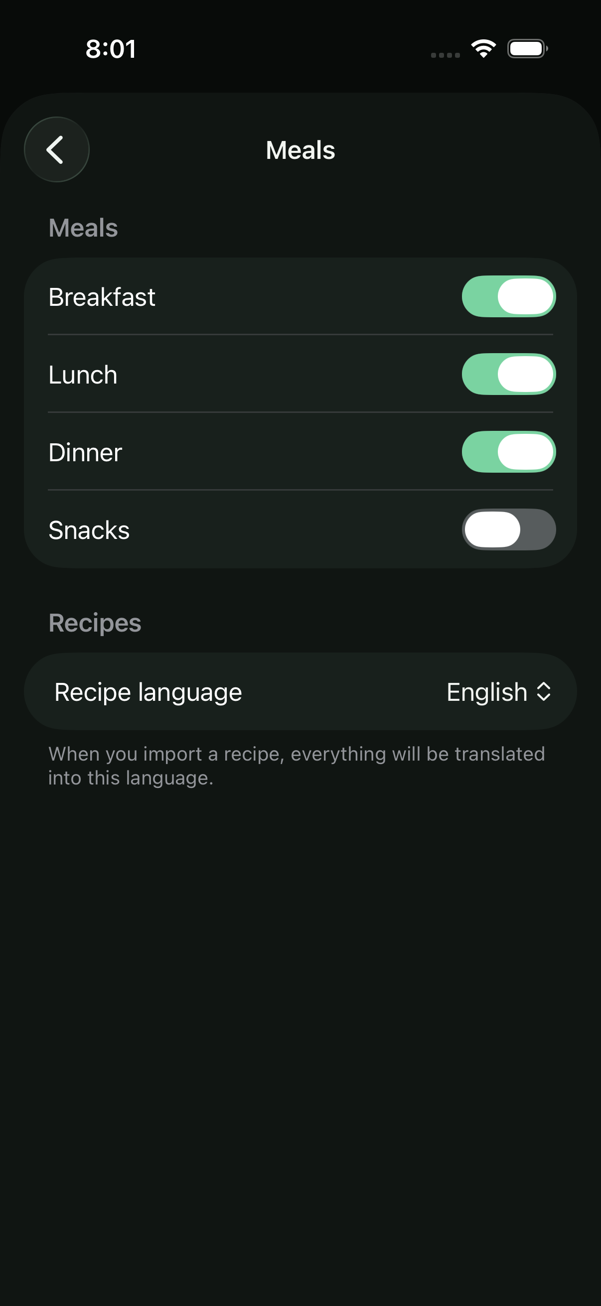 Peasy iOS meal settings with meal toggles and recipe language preference