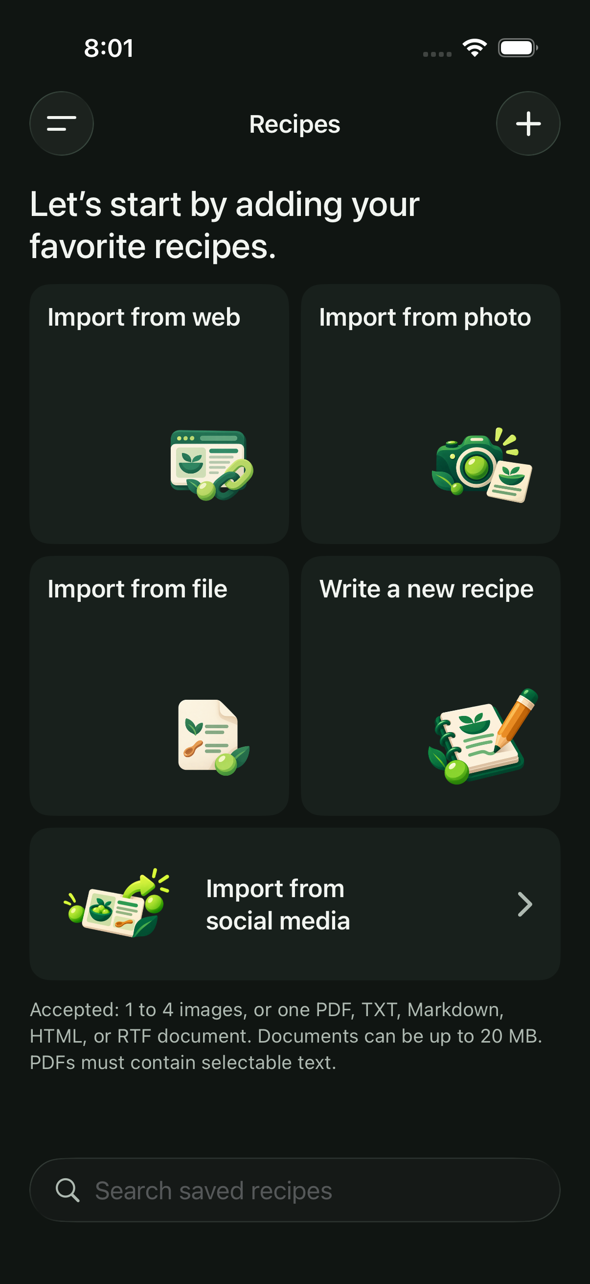 Peasy iOS recipe library with illustrated import options