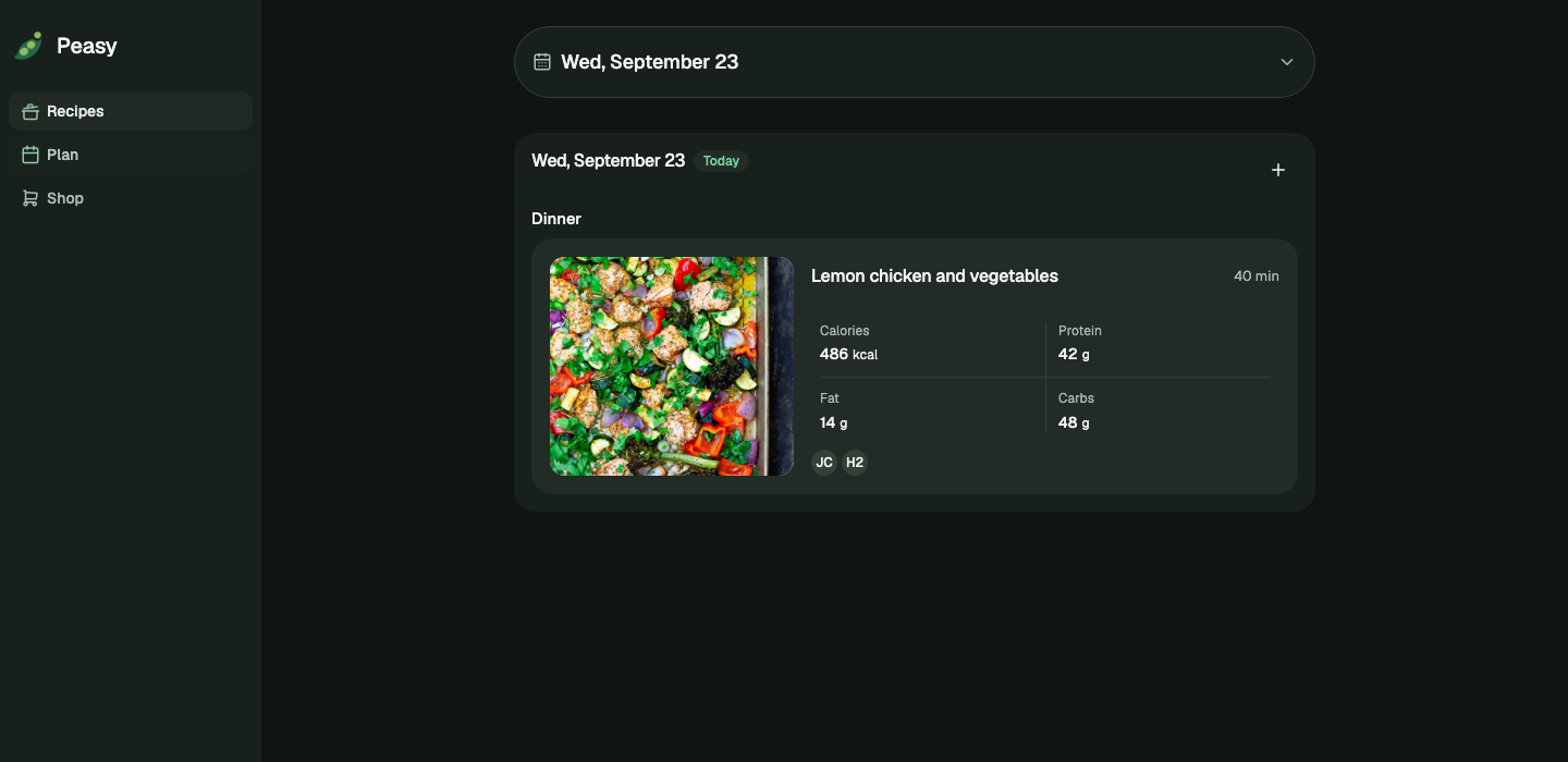 Peasy web meal plan with recipe details and household participants