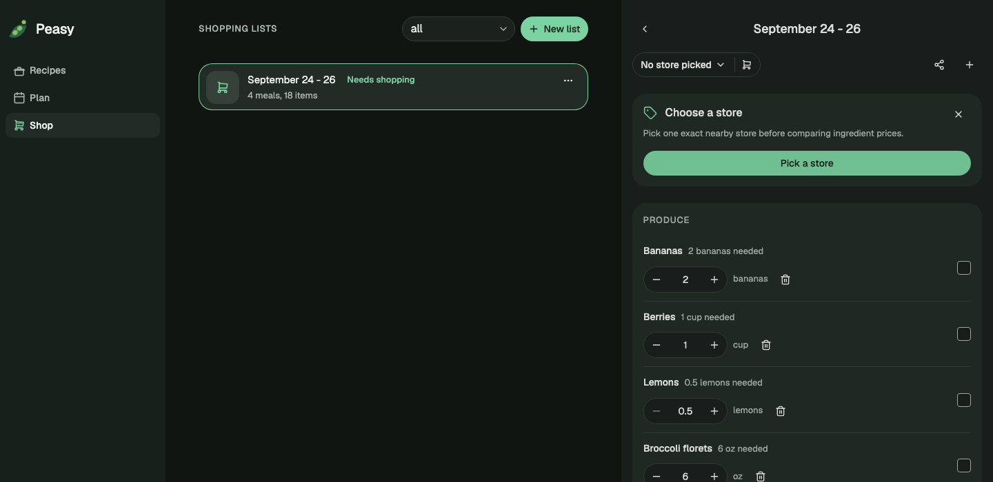 Peasy web shopping workspace with saved lists and a detailed grocery checklist
