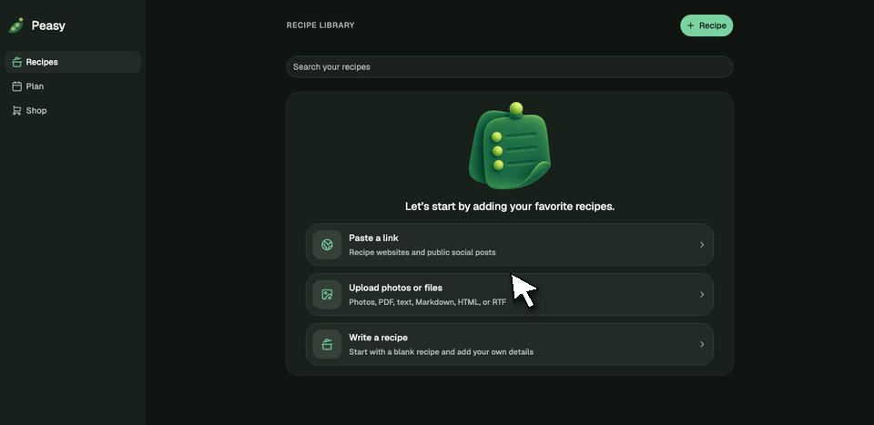 Animated Peasy web walkthrough with a pointer clicking Recipes, Plan, and Shop