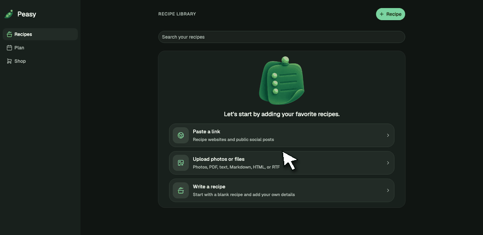 Animated Peasy web walkthrough with a pointer clicking Recipes, Plan, and Shop